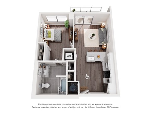 Floor plan for 1 bed, 1 bath, 640 sqft